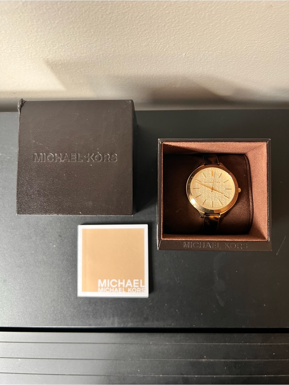 Michael Kors Slim Runway Gold Tortoise Watch MK4293 MK Monogram Dial with Box